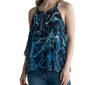 WHITE HOUSE BLACK MARKET Blue Abstract Marble Chiffon Tiered Halter Top NWOT  10